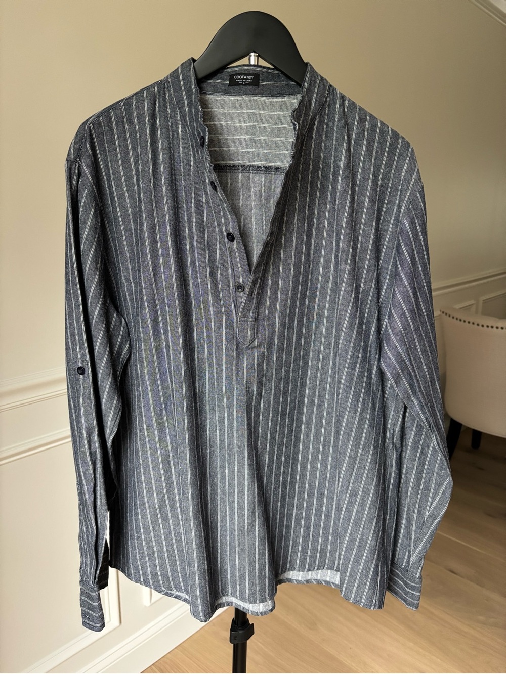 Coofandy Striped no collar shirt in Slate grey and White